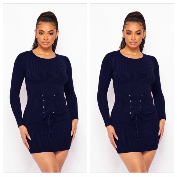 NEW TRENDY NAVY BLUE RIBBED LONG SLEEVE KNIT FRONT LACE UP WAIST BELT MINI DRESS - Picture 1 of 5